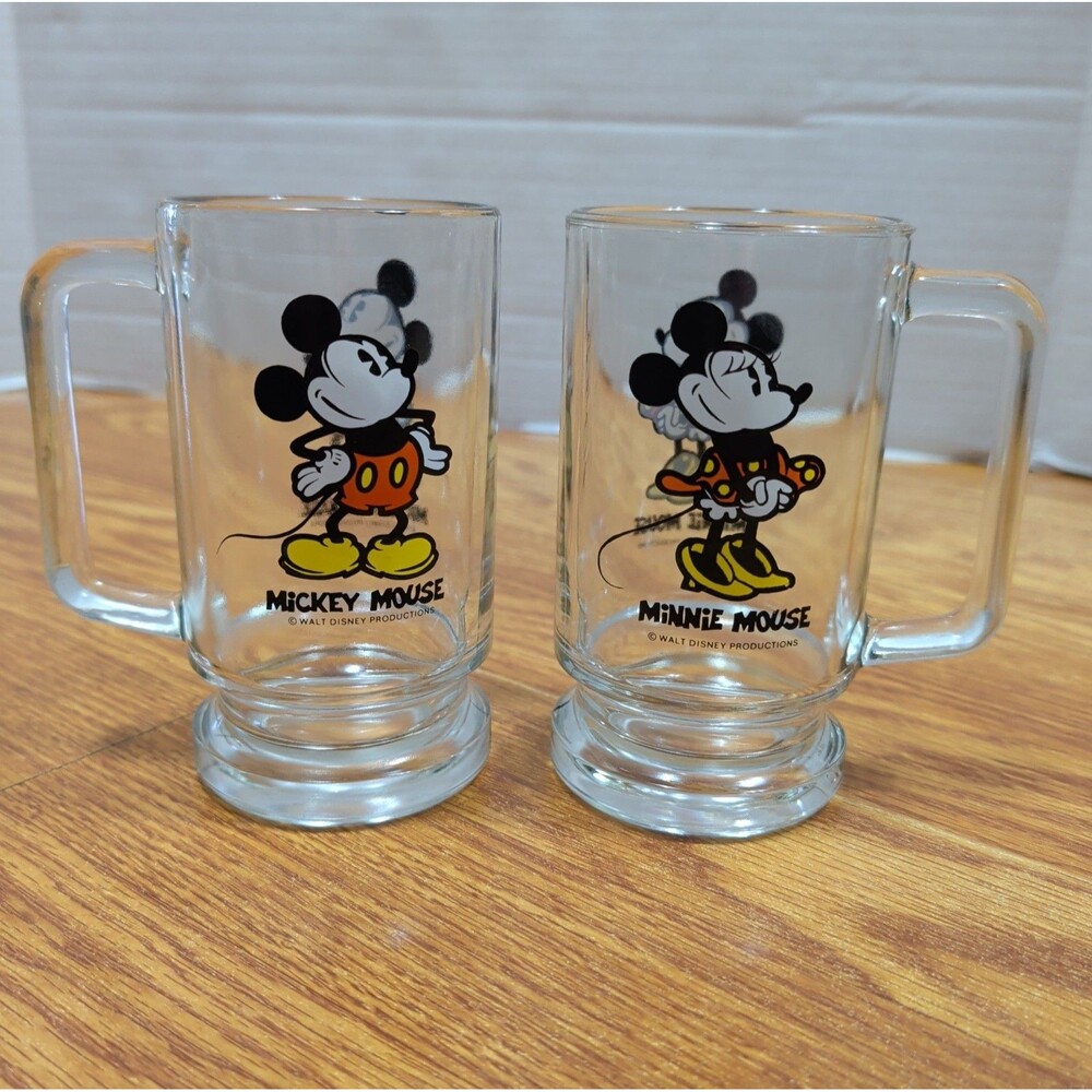 Disney Vintage Mickey & Minnie Mouse Handled Glass Beer Mug Stein pair
